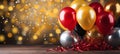Golden and dark red metallic balloons with confetti and ribbons for festive celebrations and events