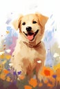 Golden Days: A Playful Pup in a Field of Flowers - A Colorful Co Royalty Free Stock Photo
