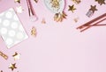 Golden decor and feminine accessories on the pink background, Royalty Free Stock Photo