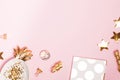 Golden decor and feminine accessories on the pink background, Royalty Free Stock Photo