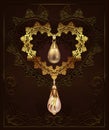 Golden decor heart with jewelry pebbles diamonds on a floral background with art deco ornament Royalty Free Stock Photo