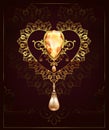 Golden decor heart with jewelry pebbles diamonds on a floral background with art deco ornament