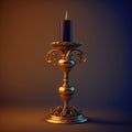 A golden decorated candleholder with a black candle on it on a brown background with dark blue shadows. Created with Generative AI