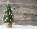 Golden Decorated Christmas Tree, Text Save The Date