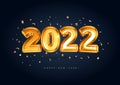 2022 golden decoration holiday on bblack background with confetti. Gold foil balloons numeral 2022 realistic, glitter