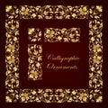 Golden decorative calligraphic ornaments, corners, borders and frames for page decoration and design Royalty Free Stock Photo