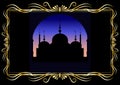 Golden decorative frame and silhouette mosque at in the evening or before dawn