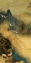 the golden deer on the mountain. Luxurious abstract art digital painting for wallpaper
