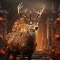 Golden deer of Santa Claus in the forest of beauty on Christmas night Background Royalty Free Stock Photo