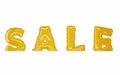 Golden deflated foil balloons letters SALE on isolated white background, special offer. Glossy yellow helium balls