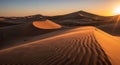 Golden Desert Sand Dunes at Sunset, Rippled Sand Patterns, Warm Sunlight Royalty Free Stock Photo