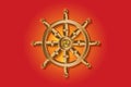 Golden Dharma wheel. Buddhism sacred symbol. Dharmachakra. Vector illustration isolated on colorful background