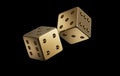 Golden dices are flying in the air after throw on a black background