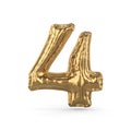 Golden digit four made of inflatable balloon isolated. 3D