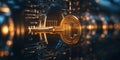 Golden Digital Key Embedded in a Futuristic Lock Mechanism Representing Cybersecurity Concepts