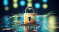 Golden digital padlock symbolizing cybersecurity and data protection on a circuit board with binary code Royalty Free Stock Photo