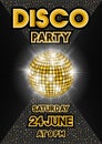 Golden disco ball on black background. Party poster in retro style