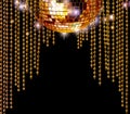 Golden disco ball and glitter curtains