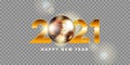 2021 and golden disco ball. Shiny sphere isolated on a transparent background with lens effect Royalty Free Stock Photo