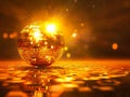 A golden disco ball sitting on top of a reflective surface Royalty Free Stock Photo