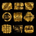 Golden discount and price tag, sale banners with grunge brushed frames and distressed textures vector set. Luxury sale Royalty Free Stock Photo