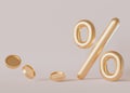 Golden discount sign and money coins on beige background. Percent symbol. Empty, copy space. Special offer, good price