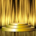 Golden display podium on silk curtains background