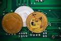 Golden dogecoin coins. Cryptocurrency dogecoin. Doge cryptocurrency.