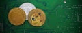 Golden dogecoin coins. Cryptocurrency dogecoin. Doge cryptocurrency.