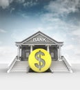 Golden Dollar coin in front of bank in classic style with sky