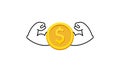 Golden dollar coin icon. Strong muscles. Savings. Money. Vector EPS 10. Isolated on background