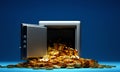 Golden dollar coins fall out the open safe box Royalty Free Stock Photo