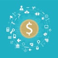 Golden dollar, economy and financial vector flat illustration