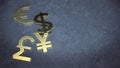 Golden dollar, euro, yen and pound symbol on the concrete floor