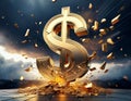 Golden dollar sign exploding with dramatic sky background Royalty Free Stock Photo