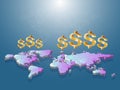 Golden dollar sign floating on low poly of world map 3D with white struction line map