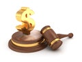 Golden dollar sign and wooden gavel hammer