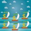 Golden dollar signs sail in boats with sails. Paper dollars on masts instead of flags. Money, finance, business concept.