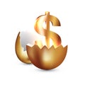 Golden dollar symbol inside a golden broken egg. Concept of financial business success or gaining wealth, venture investments