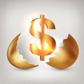 Golden dollar symbol inside a golden broken egg. Concept of financial business success or gaining wealth, venture investments