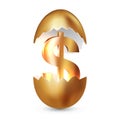 Golden dollar symbol inside a golden broken egg. Concept of financial business success or gaining wealth, venture investments Royalty Free Stock Photo