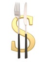 Golden dollar symbol with knife and fork isolated on white background. 3D illustration Royalty Free Stock Photo