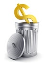 Golden dollar symbol in steel trash can with lid.