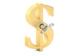 Golden Dollar symbol with wind-up key, 3D rendering