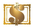 golden dollars sign on a golden baroque frame isolated on transparent background,