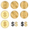 Golden dollars - vector set of coins