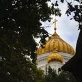 Golden dome of the church with a cross in the crown of the trees, the Christian Orthodox religion Royalty Free Stock Photo