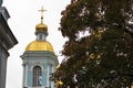 Golden dome church and cross on a park in Saint Petersburg Royalty Free Stock Photo
