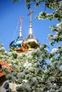 A Golden dome with a cross surrounded by spring flowers
