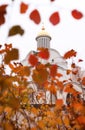 Golden dome of orthodox church surrounded by small orange leaves Royalty Free Stock Photo